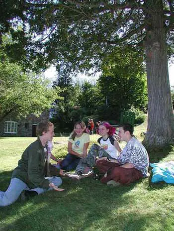 talking2 – Long Lake Camp For The Arts Group of campers talking and relaxing under a tree.