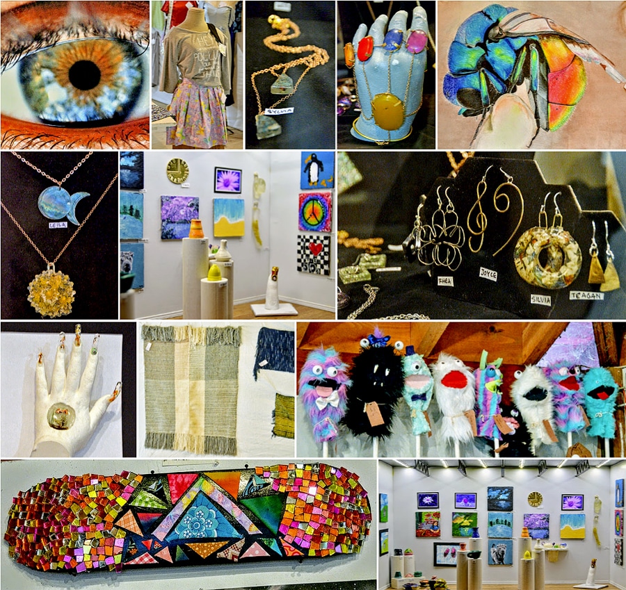 Showcase of handmade jewelry, colorful paintings, and creative sculptures featured in the fine arts gallery.