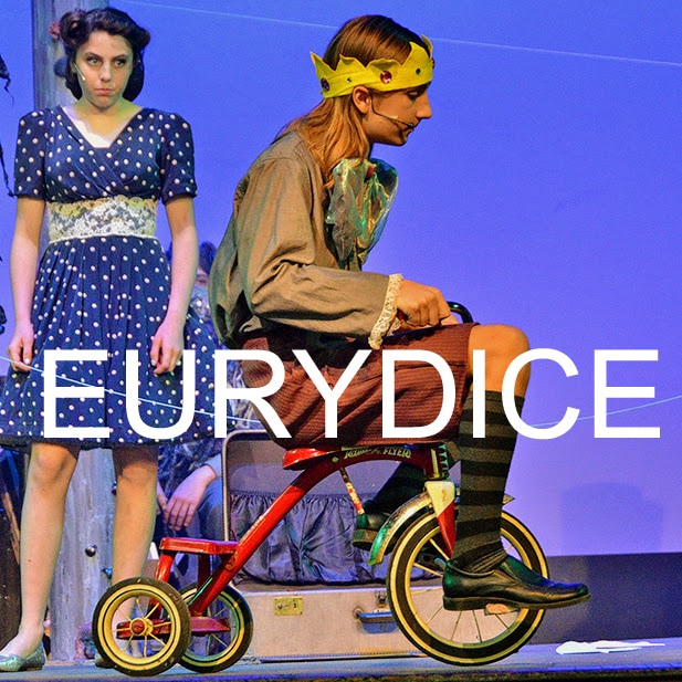 Actors rehearsing a dramatic scene from Eurydice.