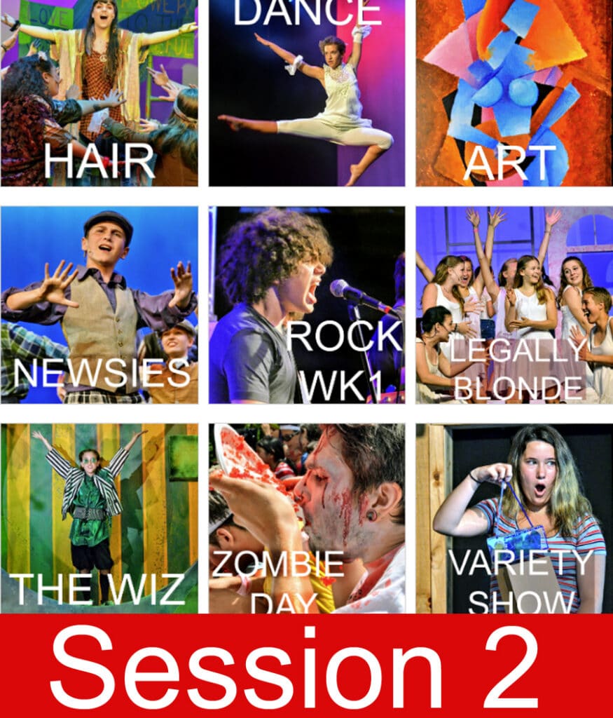 Camp Session 2 photo collage of theater, music, and activities.