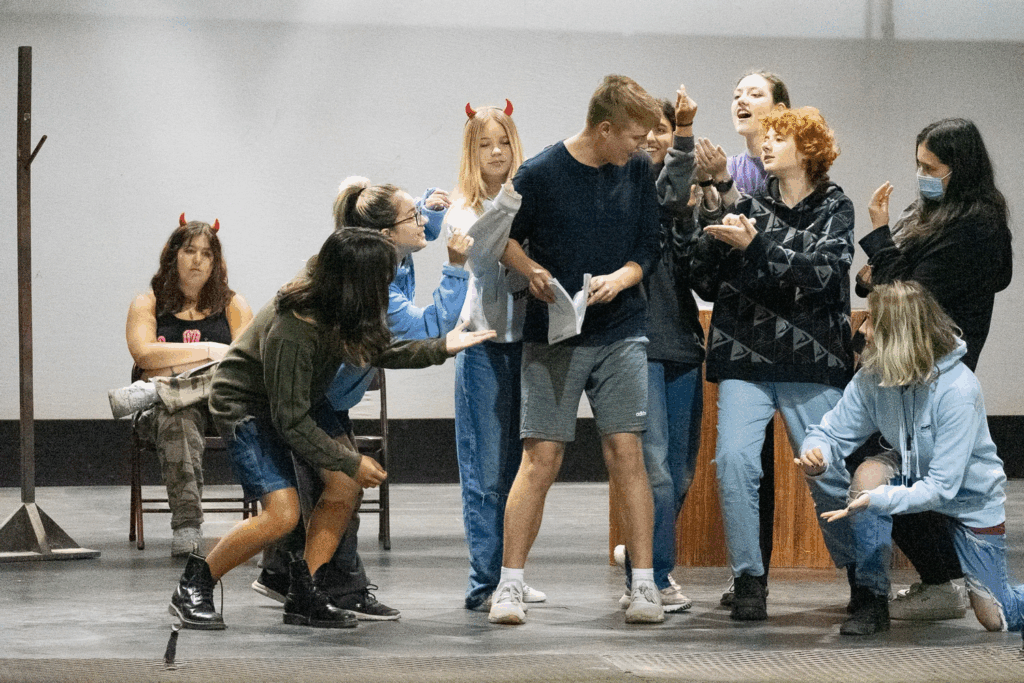 teen-drama-rehearsal-teamwork – Long Lake Camp For The Arts Teens collaborating during a rehearsal session for their summer theater performance