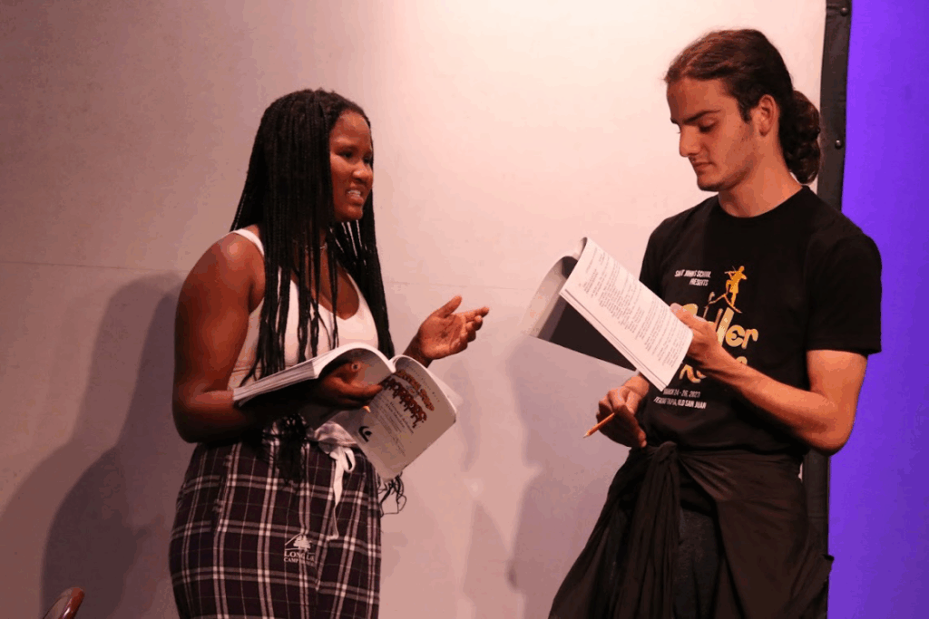  Teens rehearsing their lines and stage positions together at Long Lake Performing Arts Camp