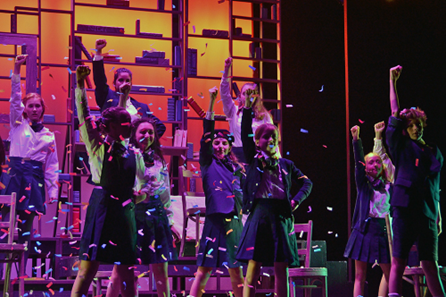 matilda-stage-show-campers-with-confetti – Long Lake Camp For The Arts Campers performing Matilda on stage as confetti falls during the finale