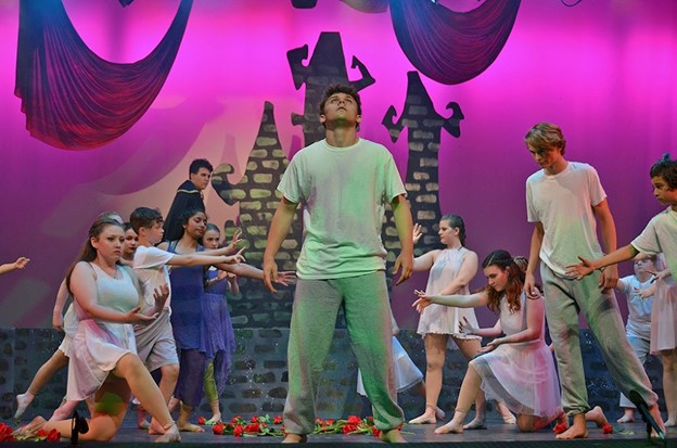 teen-group-stage-performance – Long Lake Camp For The Arts Group of teens in diverse costumes performing an ensemble scene on a theater camp stage.