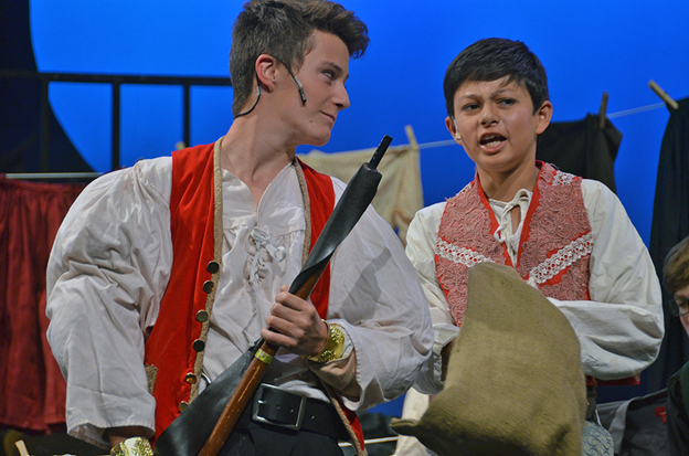 kids-props – Long Lake Camp For The Arts Two teenagers holding props in a theater act