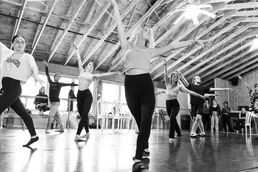 00018_Hayden_DanceRehearsal_0132 – Long Lake Camp For The Arts Teen campers rehearsing contemporary dance sequences under instructor guidance at summer camp.