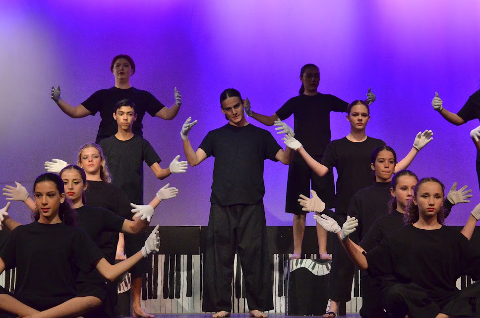 Picture4 – Long Lake Camp For The Arts Group of campers performing synchronized choreography in formation on stage.